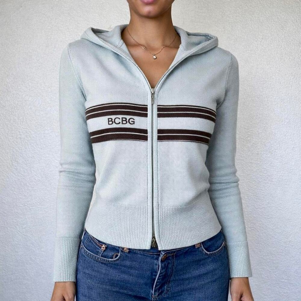 Vintage Y2K BCBGMAXAZRIA Baby Blue & Brown Zip Up Knit Hoodie 2000s Mcbling S